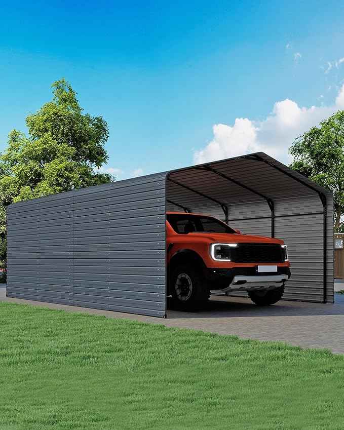 Heavy Duty Metal Carport, 12x20FT Outdoor Carport Canopy with Galvanized Steel Roof and Reinforced Base, Metal Side Panels, Sidewalls, Garage Shelter Shade for Cars, Trucks, Boats, Gray