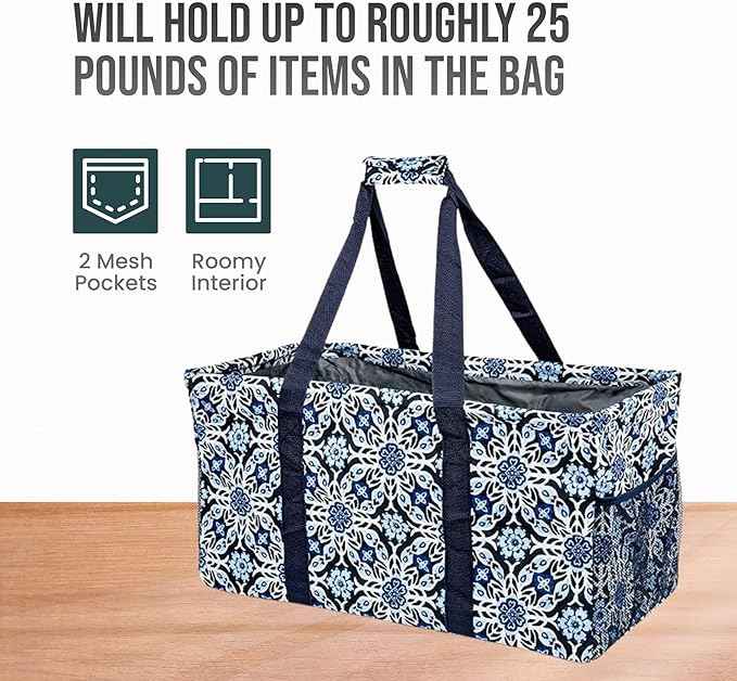 Extra Large Utility Tote Bag - Oversized Collapsible Reusable Wire Frame Rectangular Canvas Basket With Two Exterior Pockets For Beach, Pool, Laundry, Car Trunk, Storage - Blue Snowflake