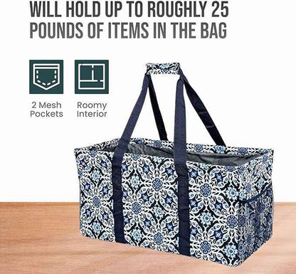 Extra Large Utility Tote Bag - Oversized Collapsible Reusable Wire Frame Rectangular Canvas Basket With Two Exterior Pockets For Beach, Pool, Laundry, Car Trunk, Storage - Blue Snowflake
