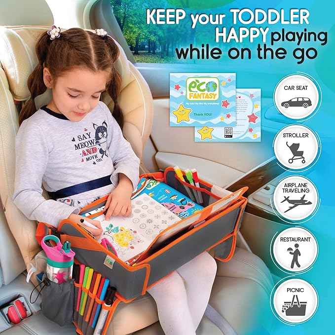 ECOFANTASY Kids Travel Tray - Waterproof Car Table with No-Drop Large Tablet Holder - Car Seat Tray - Road Trip Must Haves - Kids Lap Desk Organizer for Airplane - Toddler Travel Essentials (Orange)