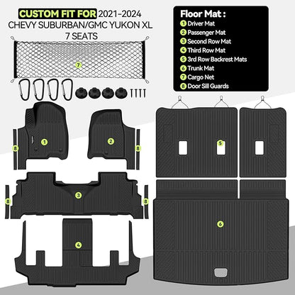 Tongama-Floor Mats for 2021-2024 Chevy Suburban/GMC Yukon XL 7 Seats with Bucket Seats, All Weather TPE Trunk Mat & 3rd Row Backrest Mats & Cargo Net & Door Sill Guards for Suburban Accessories