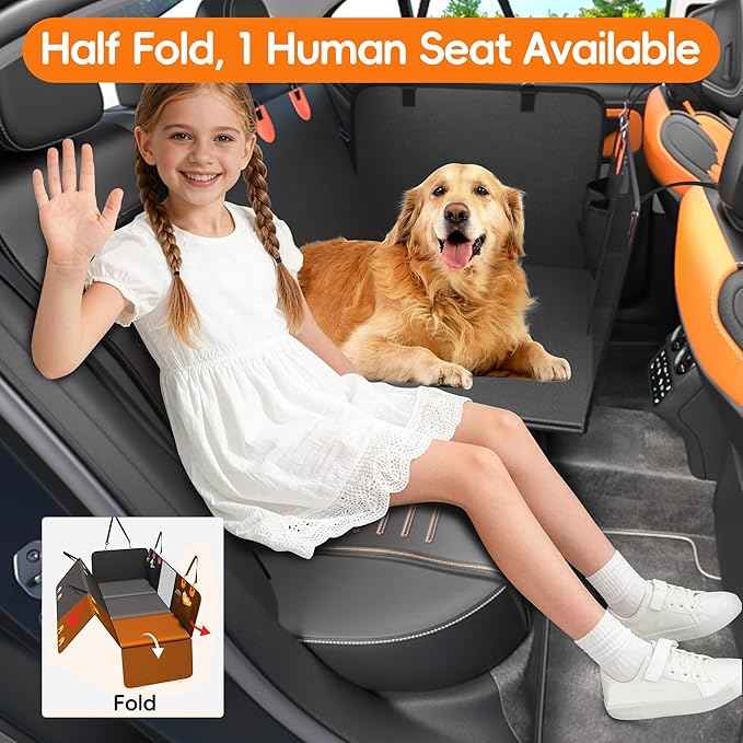 2-In-1 Heavy-Duty Hard Bottom Dog Hammock for Car, 100% Waterproof PU Leather Backseat Cover, Zipper Side Flaps, Non-Slip Extender for Large/Elderly Dogs & Multi-Dog Families,Fits Sedan/SUV/Med.Truck