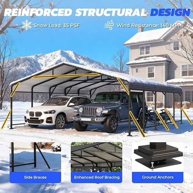 EROMMY 20' x 24' Heavy Duty Metal Carport with Galvanized Steel Roof & Base for All-Weather Protection, Outdoor Carport Garage, Versatile for Car, Boat, Tractor, and Party Use, Dark Gray