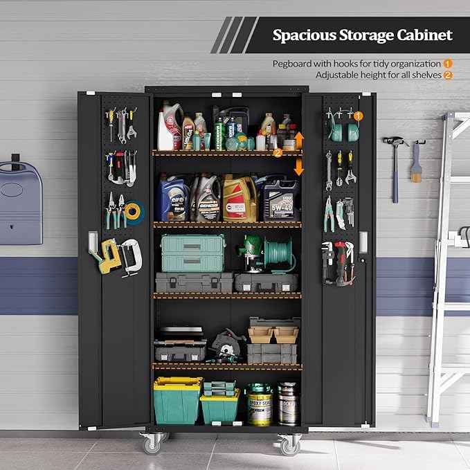 VINGLI 72'' Tall Garage Storage Cabinet, Metal Storage Cabinet with Pegboards, Wheels, Locking Doors and Adjustable Shelves (Black, 32''W x 16''D x 72''H)