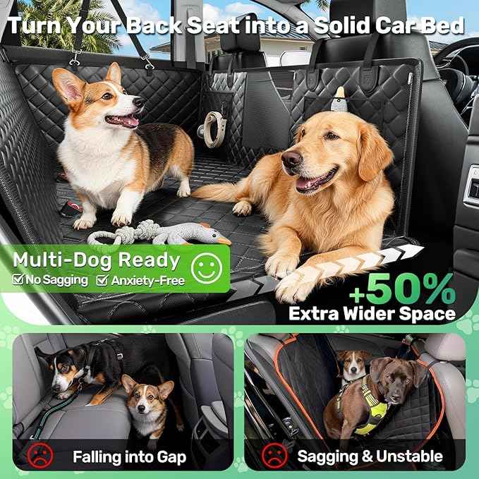 Zanch Heavy-Duty Dog Car Seat Cover, Flat Solid Back Seat Extender for Multi Large Dogs, Hard-Base Supports 450 lb, Waterproof Scratchproof Hammock Protector, Standard for Cars, SUV, Trucks, Black