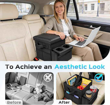 Foldable Bench Seat Center Console, Car Armrest Organizer Box with 2 Large Cup Holders & Massive Storage, Universal Portable Trunk Console Arm Rest for Car/Truck/Van/SUV Rear Organizers Back Seat