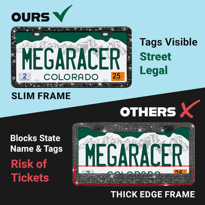 Elegant Bling License Plate Frames for Women - 2 Pack, 1600 Premium Black Rhinestones, Rust-Free Stainless Steel, Street Legal Slim Design, Sparkly Diamond Car Tag Holders with Glitter Crystal Covers