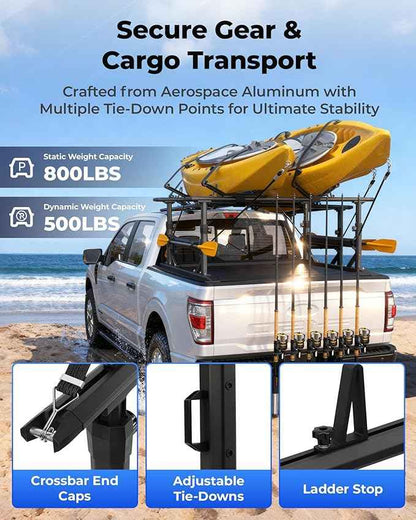Extendable Aluminum Truck Ladder Rack Fit for Ford F150, RAM, Chevy Silverado, Works with T-Slot Tonneau Covers, 800 lbs Capacity Pickup Bed Rack for Kayak, Surfboard, Ladder Transport