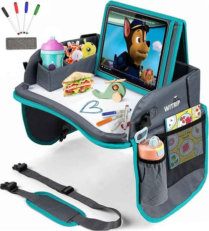 Kids Travel Tray with Dry Erase Board WITRIP- Car Seat Tray for Kids Travel, Carseat Table Top for Toddler, Lap Desk for Car Seat, Activity Organizer & Snack Holder,Road Trip Essentials for Kid (Aqua)