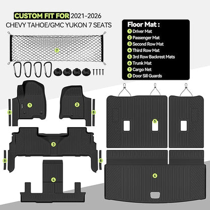 Tongama-Floor Mats for 2021-2026 Chevy Tahoe/GMC Yukon 7 Seats with Bucket Seats, All Weather TPE Trunk Mat & 3rd Row Backrest Mats & Cargo Net & Door Sill Guards for Tahoe Floor Liner Accessories