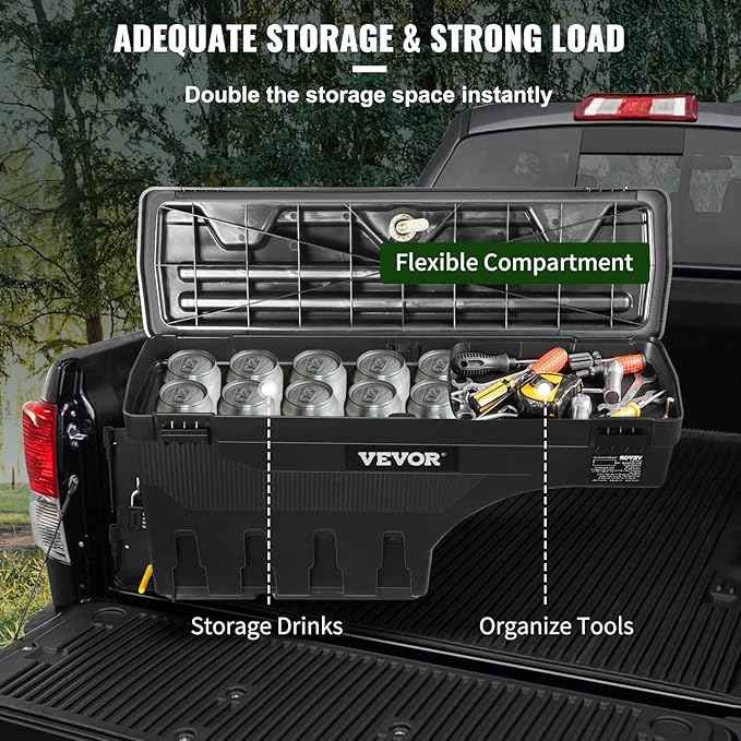 VEVOR Truck Bed Storage Box, Lockable Lid, Waterproof ABS Wheel Well Tool Box 6.6 Gal/20 L with Password Padlock, Compatible with Tundra 2007-2021, Driver Side, Black