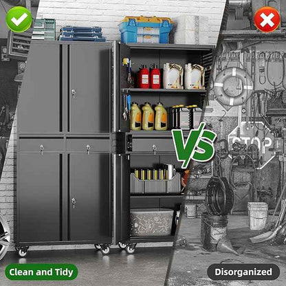 Aobabo Garage Storage Cabinet with Wheels, Metal Tool Storage Cabinet with 2 Drawers for Garage Home,Assembly Required,Black