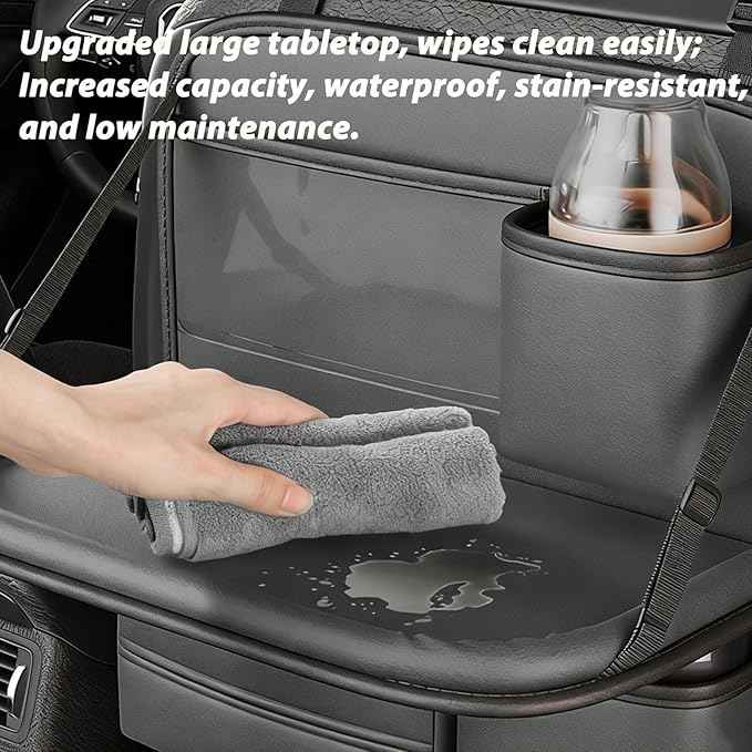 2 Pack Universal Premium Leather Foldable Car Backseat Organizer with Table Tray, Seat Back Protector with Touch Screen Pad Phone Holder, Car Storage Pockets Tissue Box with School Bags Hooks