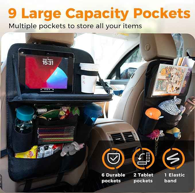 Backseat Car Organizer with Tray, 9 Storage Pockets Back Seat Protector with Foldable Tablet Holder, Waterproof Back of Seat Kick Mats for Kids Adult, Road Trip Essentials Travel 2 Pack, Black