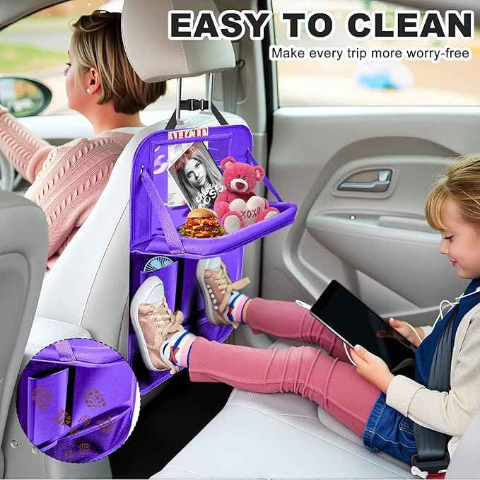 2Pack Car Backseat Organizer with Foldable Table Tray,6 Storage Pockets Car Storage Organizer with Tablet Holder,Car Seat Back Protectors Kick Mats Travel Accessories (Purple)
