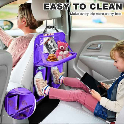 2Pack Car Backseat Organizer with Foldable Table Tray,6 Storage Pockets Car Storage Organizer with Tablet Holder,Car Seat Back Protectors Kick Mats Travel Accessories (Purple)
