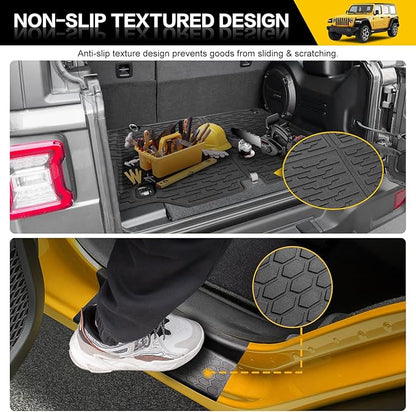 Trunk Mat with Door Sill Guards for 2021-2025 Jeep Wrangler JL Unlimited 4XE Accessories All Weather Rear Trunk Liner Door Sill Protector for 21-25 JL JLU 4XE 4 Door(Not for 4X4)