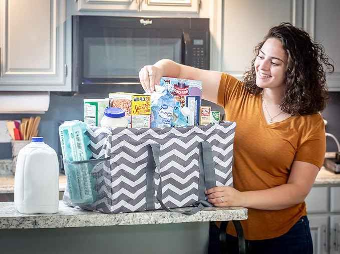 Extra Large Utility Tote Bag - Oversized Collapsible Reusable Wire Frame Rectangular Canvas Basket With Two Exterior Pockets For Beach, Pool, Laundry, Car Trunk, Storage - Chevron Gray