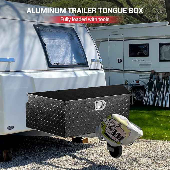 39 Inch Aluminum Trailer Tongue Tool Box, Heavy Duty Utility Storage Box with Lock and Keys, Diamond Plate Waterproof Trailer Box Organizer for Pick Up Truck Beds - Black