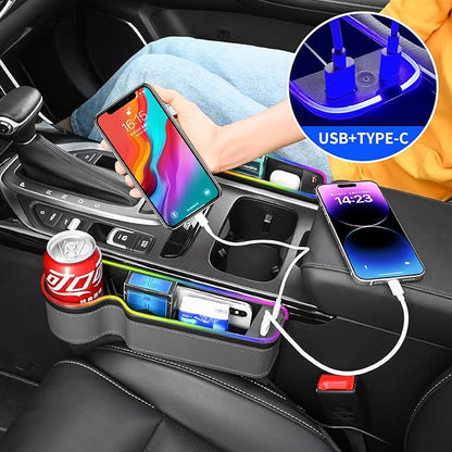 7 Color Led Car Seat Gap Organizer with 56W Type C USB Charging Multifunctional Front Seat Organizer with Cup Holder Console Organizer Seat Gap Filler with Vibe Lamp for Andriod iPhone Grey