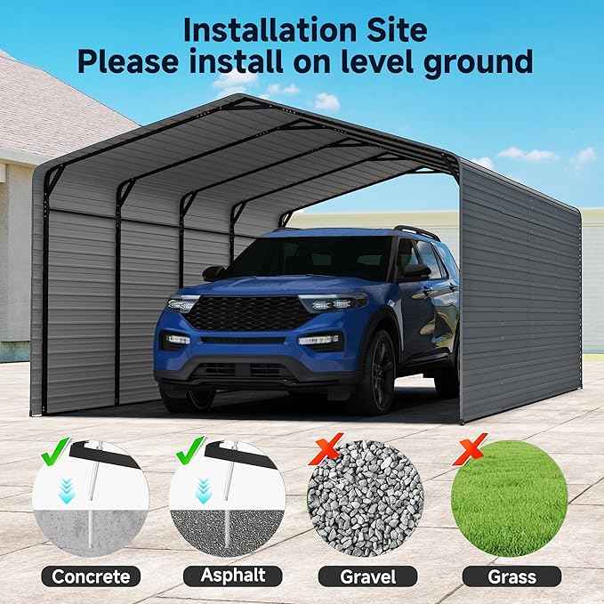 12x20FT Heavy Duty Metal Carport,Outdoor Garage with Metal Side Panels, Enclosed Car Ports with Heavy Duty Steel Frame and Galvanized Roof for Cars and Boats, Equipment Storage,Tools, Gray