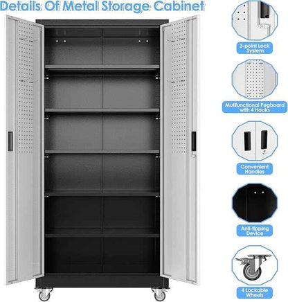Aobabo Garage Storage Cabinet with Wheels, Metal Storage Cabinet with 5 Adjustable Shelves for Garage Home, Black&Silver,71" H*34''W*18''D,Required-Assembly,