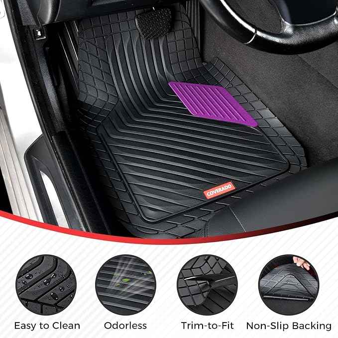 Coverado Car Floor Mats Full Set – Heavy-Duty PVC Floor Mats with Purple Metallic Heel Pad, All-Weather Protection for Front & Rear, Non-Slip Backing, Easy-Clean Interior Liners