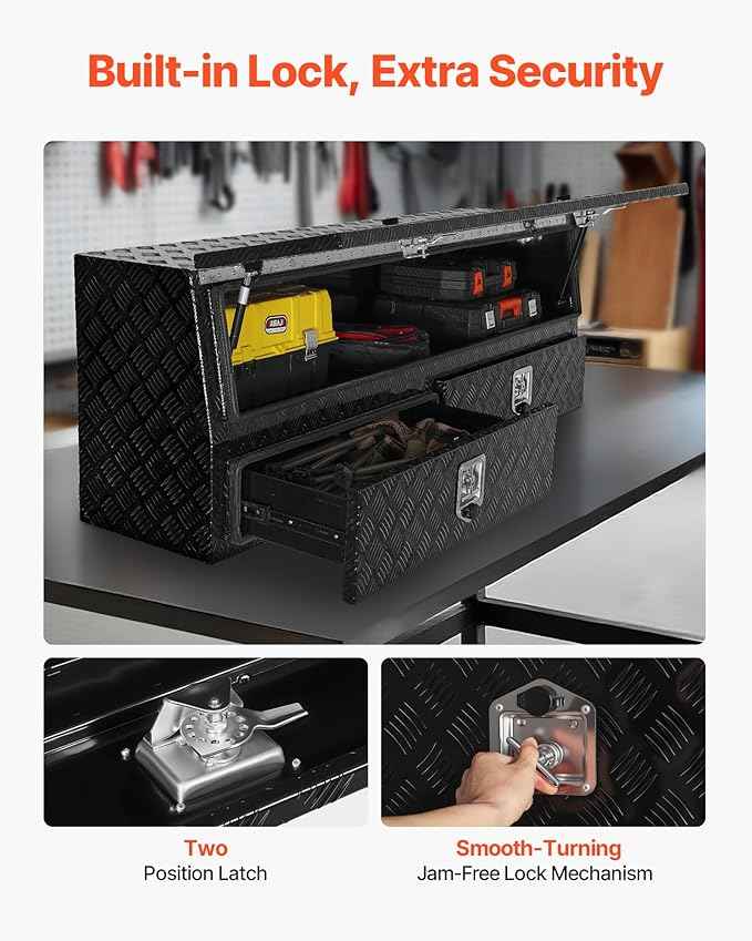 VEVOR Contractor Truck Tool Box, 72 x 21 x 13 in, Black Tread Aluminum TopSider Toolbox with Two Lower Drawers, Flip Up Door, Weather-Resistant Heavy Duty Storage Box with Latch, for Truck Bed Pickup