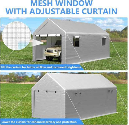 Carport 10x20 FT Enclosed Carport with Roll-up Windows, Portable Garage with Removable Sidewalls & Doors, Car Canopy Tent with Sandbags All-Season Tarp for Car Boat Truck Motorcycle