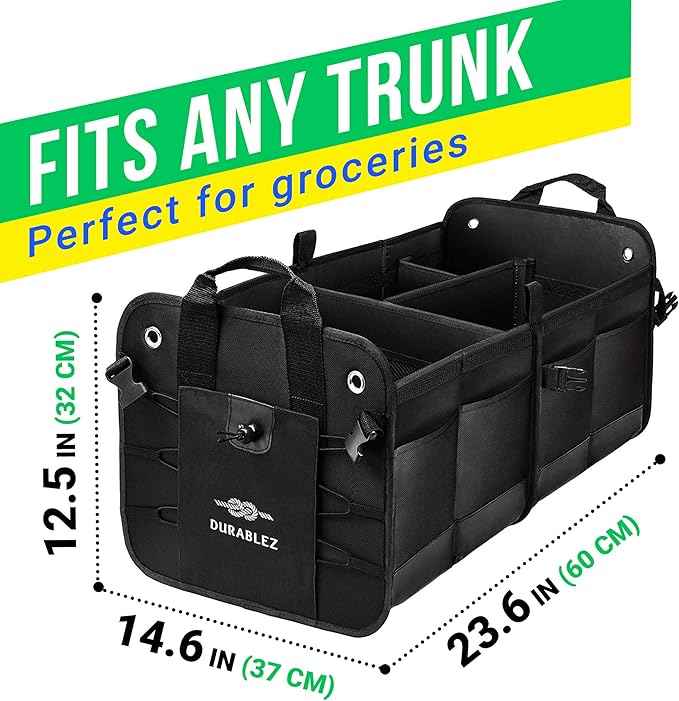 2-Section Trunk Organizer Foldable Car Storage Bin – Compact Dual-Compartment Auto Organizer with Cover Net, Non-Slip Pads, Heavy Duty Oxford 1680D – Black