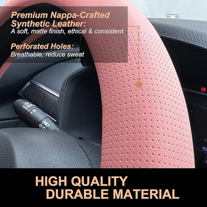 PINCTROT D Shaped Nappa Leather Steering Wheel Cover, Slim Fit No Bulk Design, One Piece Leather with Breathable Perforation, Fit Like Gloves, Flat Bottom 14.5-15 Inch(Nappa Pink)