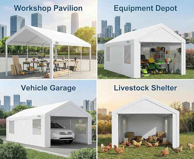 COBIZI 10x20 FT Heavy Duty Carport with Galvanized Frame, Carport Canopy with Roll-up Windows, Storage Tent with Removable Sidewalls & Doors, Built-in Sandbags for Car Boat Truck, White