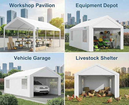 COBIZI 10x20 FT Heavy Duty Carport with Galvanized Frame, Carport Canopy with Roll-up Windows, Storage Tent with Removable Sidewalls & Doors, Built-in Sandbags for Car Boat Truck, White
