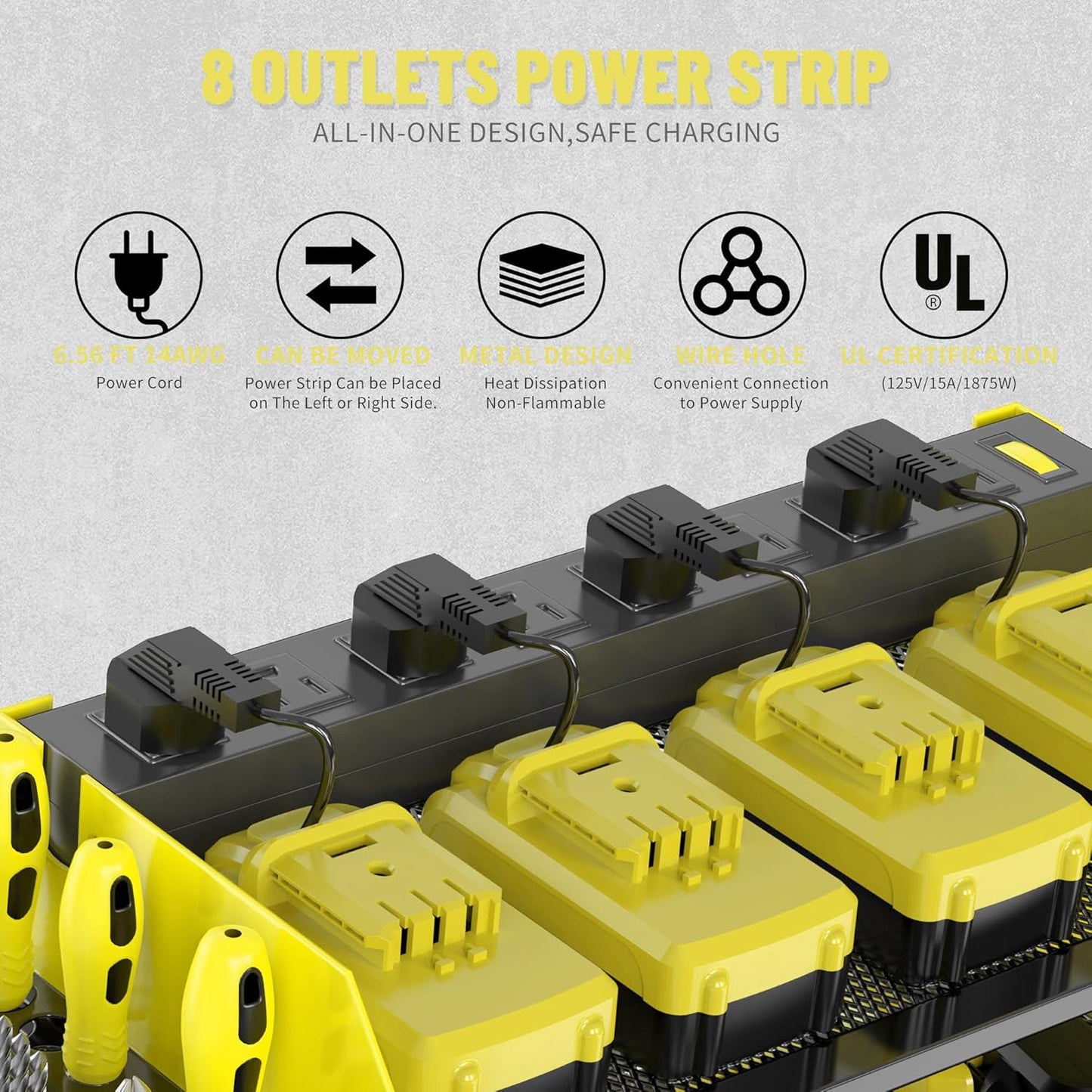 3-Tier Modular Drill Holder & Power Tool Organizer Wall Mount with Charging Station, Tool Storage Rack with Hooks, 8-Outlet Power Strip, Bit Rack & Cordless Garage Tool Organization (Yellow)