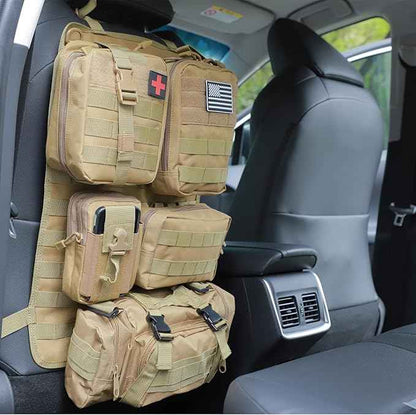 tactical car seat back organizer and storage truck seat covers with a Molle Vehicle Panel and 5 Different Size Molle Pouches for most models such as Jeep,SUV,Pickup(Khaki)