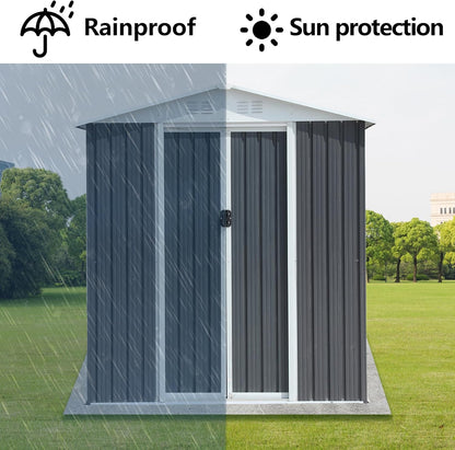 6x4 FT Outdoor Metal Storage Shed with Floor Base Frame, Waterproof Garden Sheds w/Lockable Sliding Doors and Vents, Outside Steel Tool Storage House for Backyard, Patio, Lawn, Grey