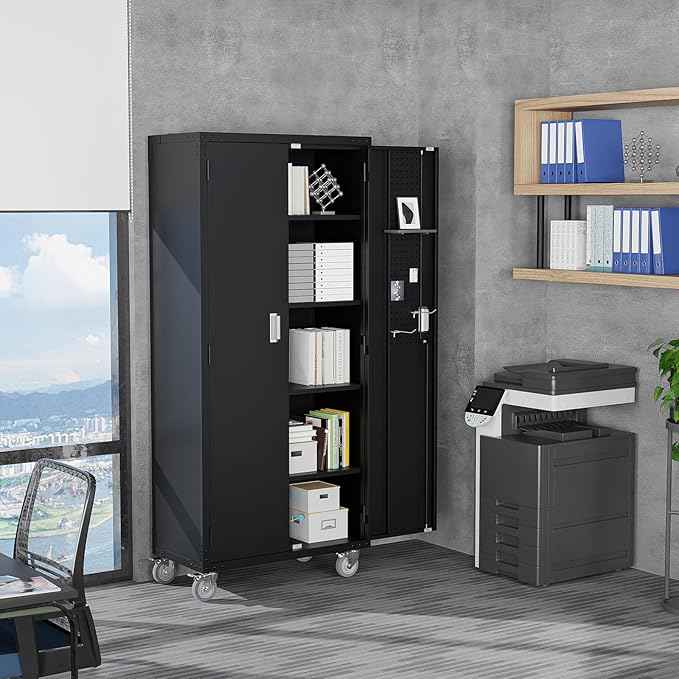 VINGLI 72'' Tall Garage Storage Cabinet, Metal Storage Cabinet with Pegboards, Wheels, Locking Doors and Adjustable Shelves (Black, 32''W x 16''D x 72''H)