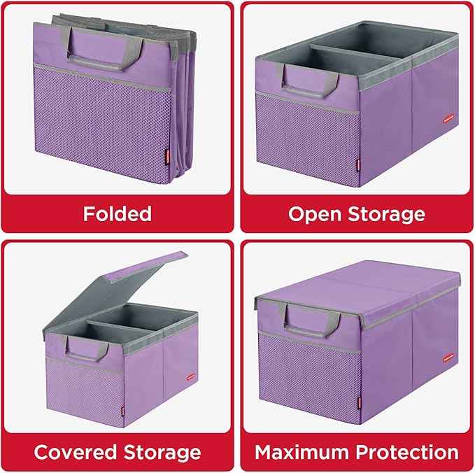 Rubbermaid Car Organizer, Collapsible Trunk Organizer, Multi-Compartment Car Storage Organization for Car Accessories, 2 Compartments With Cover, 21.65"*14.17"*12.2" - Purple