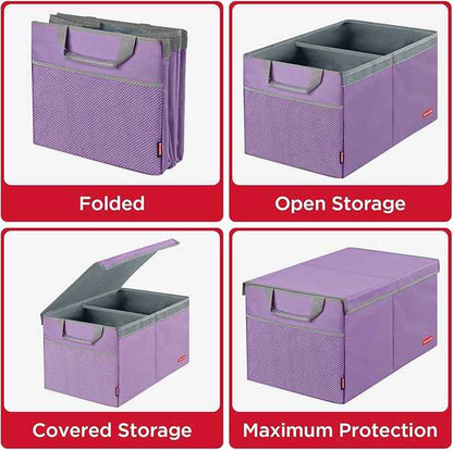 Rubbermaid Car Organizer, Collapsible Trunk Organizer, Multi-Compartment Car Storage Organization for Car Accessories, 2 Compartments With Cover, 21.65"*14.17"*12.2" - Purple