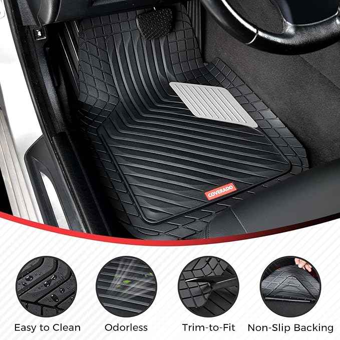 Coverado Car Floor Mats Full Set – Heavy-Duty PVC Floor Mats with Silver Metallic Heel Pad, All-Weather Protection for Front & Rear, Non-Slip Backing, Easy-Clean Interior Liners