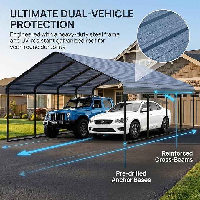 20x20 ft Metal Carport & Portable Garage, Heavy Duty with Galvanized Steel Roof & Frame - Large Tall Carports Canopy for Snow, Grey for Outdoor Garages