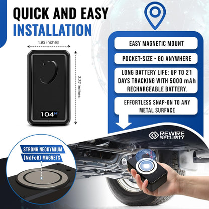 REWIRE SECURITY 104N 4G Magnetic GPS Tracker for Vehicle | Easy Mount | Fits with Car, Truck, Van & Motorbike | Portable Live Tracking | Up to 21-Day Battery Life | Low Cost Subscription Plans