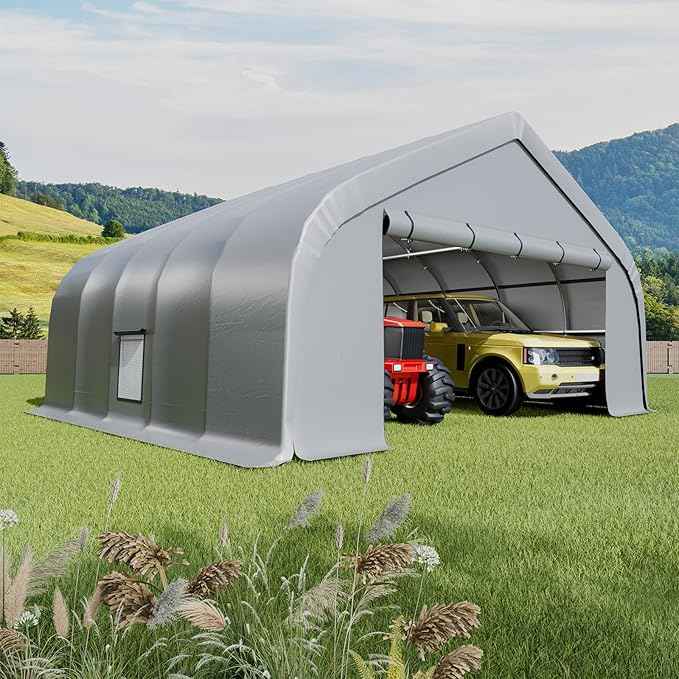 EROMMY 20x20 FT Heavy Duty Durable Carport, Silver Gray, Galvanized Steel Frame Garage Shelter and Outdoor Storage, Waterproof 3-Layer PE Cover, Fits 2 Cars, Boat, Farm Equipment