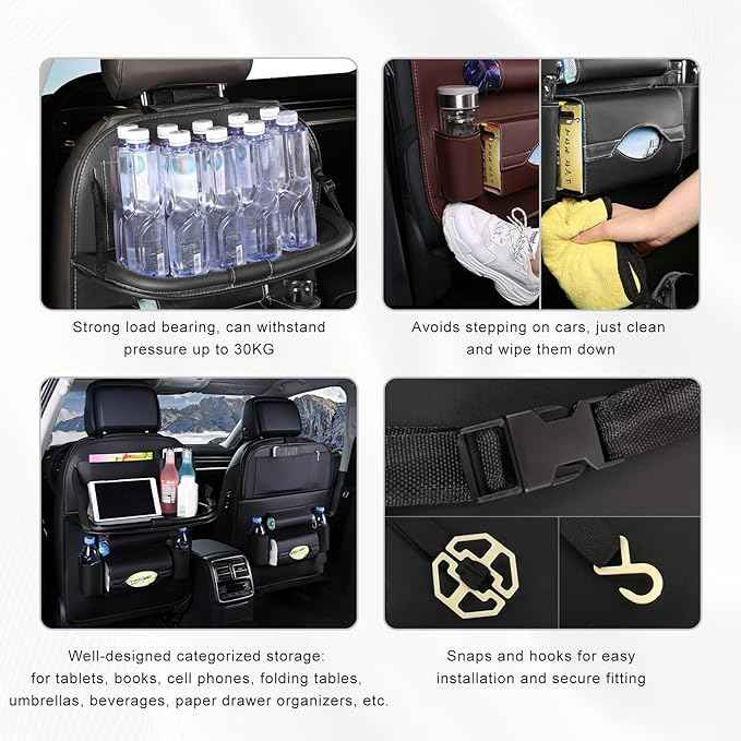 2PCS Car Backseat Organizer, Leather Multi-Pocket Seat Back Protector with Foldable Table Tray, Multifunctional Vehicle Storage Organizer Kick Mat for Kids Toddler Travel (Beige)