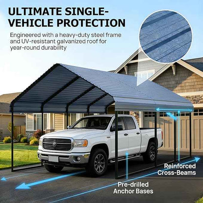 10x20 ft Metal Carport & Portable Garage, Heavy Duty with Galvanized Steel Roof & Frame - Large Tall Carports Canopy for Snow, Grey for Outdoor Garages