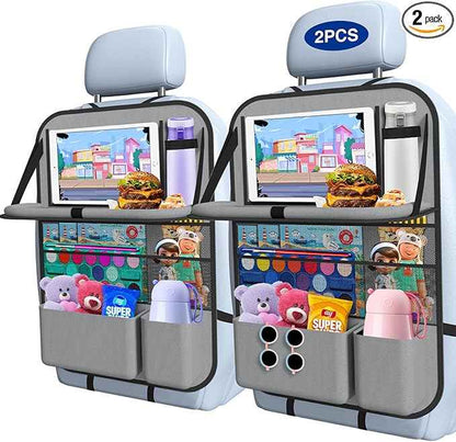 2PACK-Car Backseat Organizer with Touch Screen Tablet Holder,9 Storage Pockets Storage Organizer with Foldable Food Tray, Protector Kick Mats for Kids, Travel Accessories Organizer (Grey)