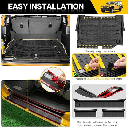 Trunk Mat with Door Sill Guards for 2021-2025 Jeep Wrangler JL Unlimited 4XE Accessories All Weather Rear Trunk Liner Door Sill Protector for 21-25 JL JLU 4XE 4 Door(Not for 4X4)