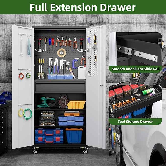 Aobabo Garage Storage Cabinet with Wheels, Metal Storage Cabinet with 1 Drawer for Home,Garage,Assembly Required,Black&Grey