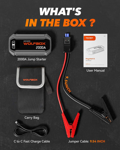 WOLFBOX 2000A Jump Starter, 12000mAh Battery Jumper Starter Portable with LED Display, 12V Car Battery Jump Starter Pack (7L Gas 6L Diesel Engine) with Booster, LED Light, Jumper Cables (NO Adapter)
