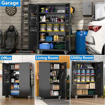 Aobabo Upgraded Wide & Deep Garage Storage Cabinet with Wheels, Metal Storage Cabinet with Door Pegboards and 2 Rod for Garage Home Storage (Black, 43.3''W x 21.9''D x 72''H),Required Assembly